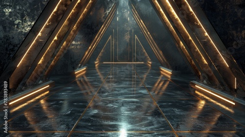 Geometric triangular hallway with golden illumination