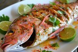 Whole seasoned fish on plate with lime - Deliciously seasoned whole fish with cilantro and lime ready to serve on a plate