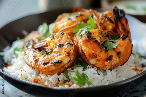 Grilled shrimp on white rice with herbs - Succulent grilled shrimp served on a bed of white rice garnished with fresh green herbs, in a black bowl