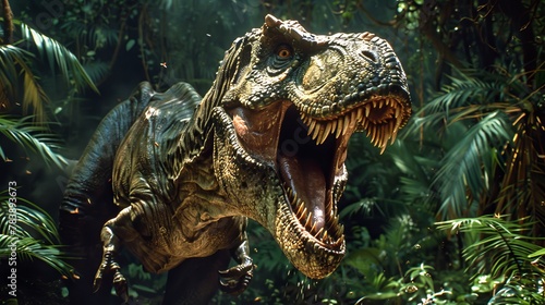 Roaring Tyrannosaurus Rex in Prehistoric Jungle