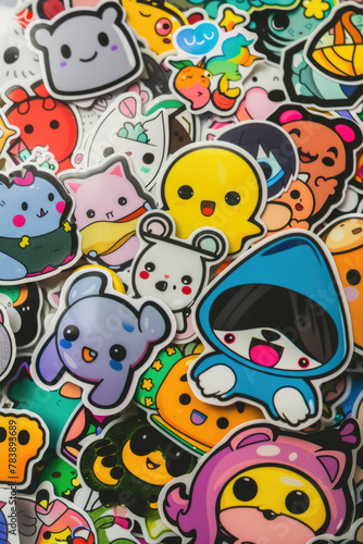 A variety of stickers arranged messily on a tabletop  showing different designs and colors