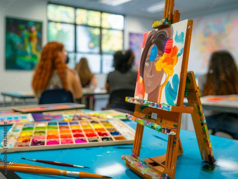 Colorful palette, creativity, inspirational art class, sparking imagination, enriching the mind Photography, soft natural light, bokeh effect, Panoramic view