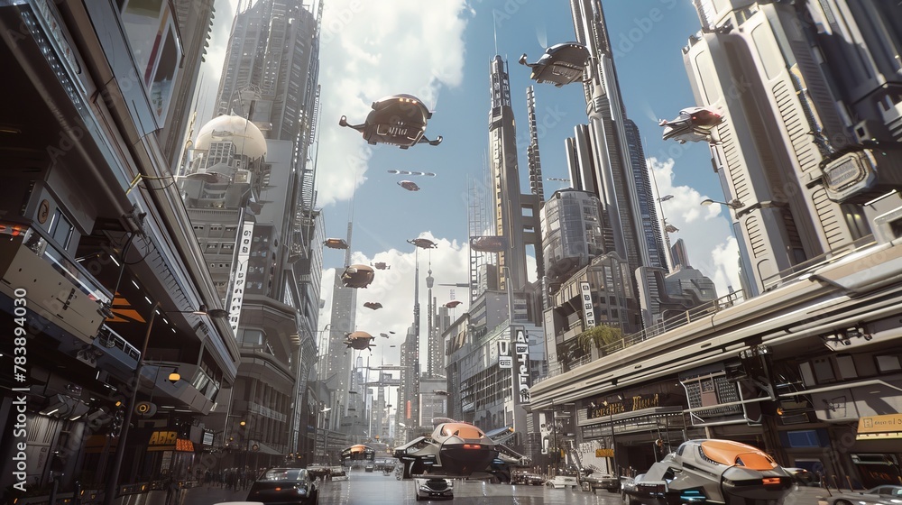 Futuristic Cityscape with Skyscrapers, Flying Cars, and Robots