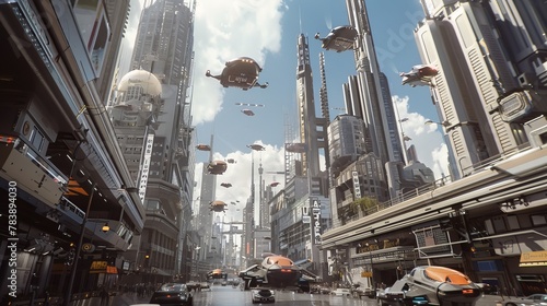 Futuristic Cityscape with Skyscrapers, Flying Cars, and Robots © AlissaAnn