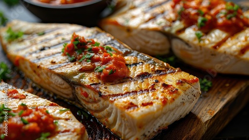 Grilled fish with chunky tomato garnish - Juicy grilled fish fillets topped with a chunky tomato herb garnish on a rustic wood board photo