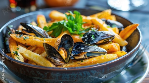 Gourmet mussels and fries in a stylish bowl - Indulge in gourmet mussels accompanied by fries in a stylish bowl, highlighting the art of plating and food presentation