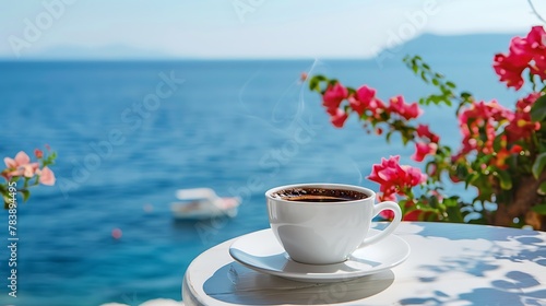 Traditional greek coffee with cafe and the sea at the background