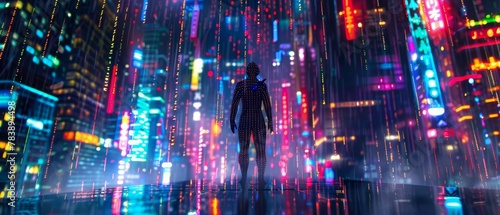 Cyber Cityscape, nanofiber jumpsuit, bustling metropolis of neon holograms, raining lines of binary code, virtual rain, photography, chromatic aberration, motion blur, Silhouette shot