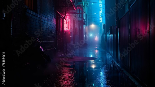 Digital Assassin  Glitching Code  Dangers of hacking consciousness A dark alley  neon lights reflecting on wet pavement  fog creeping in Photography  Silhouette lighting  Vignette  Frontal view