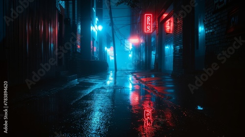 Digital Assassin  Glitching Code  Dangers of hacking consciousness A dark alley  neon lights reflecting on wet pavement  fog creeping in Photography  Silhouette lighting  Vignette  Frontal view