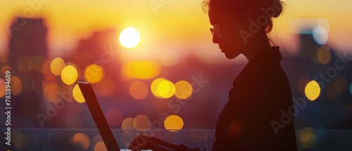 Digital Nomad, laptop, independent worker, traveling while working, reshaping traditional work norms, impact on urban planning Realistic Golden hour Depth of field bokeh effect, Silhouette shot photo