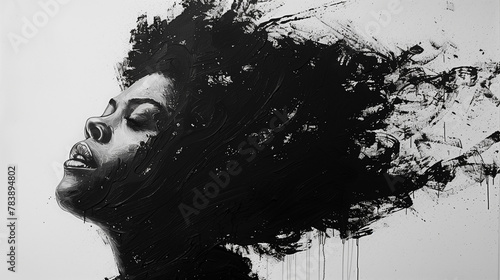 Black Freedom Day. Chaos in Harmony. A breathtaking black and white abstract painting depicting the sigh of freedom of a dark-skinned persona. photo