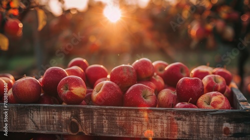 Apples in a wooden crate on a table at sunset. The image evokes the feeling of autumn and harvest.
