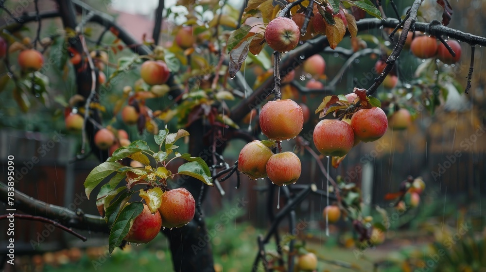 Autumn in a countryside garden. The tree is full of ripe red apples. It's a rainy day. Captured in Ukraine.