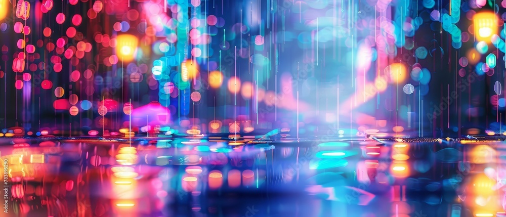 Obraz premium Electric Muse, Neon lights, Modern digital artist, Creating a virtual reality landscape, Rainy, Digital painting, Backlights, Depth of field bokeh effect, Macro shot