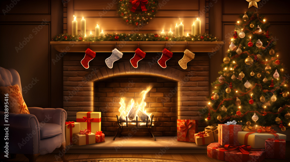 Christmas Eve Digital Backdrop .An enchanting scene of Christmas decorations adorning a cozy fireplace mantel