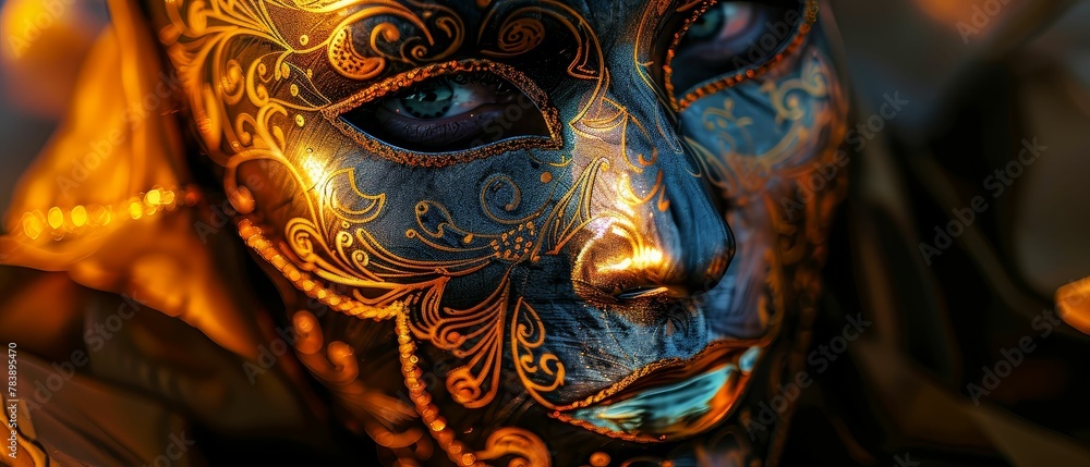 Enigmatic Mask, Metallic sheen, Intricately designed with intricate patterns and bold hues, representing mysteries and secrets, abstract art, photography, Golden Hour, Vignette, Silhouette shot