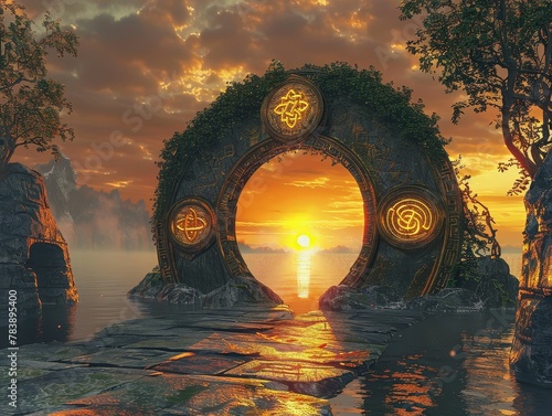 Enchanted Portals, Adorned with Symbols, Whispering Secrets of Ancient Worlds, waiting to be unveiled A Fusion of Myth and Magic Photography, Golden Hour, Vignette, Dolly zoom effect