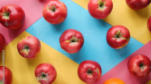 Red apples arranged on a colorful surface, seen from above. Perfect for fall decorations, with ample space for adding your own design or text.
