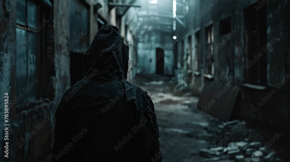Fugitive, in ragged attire, seeking refuge in an abandoned factory among shadowy alleyways Photography, Silhouette lighting, Depth of Field Bokeh Effect, Mirror shot