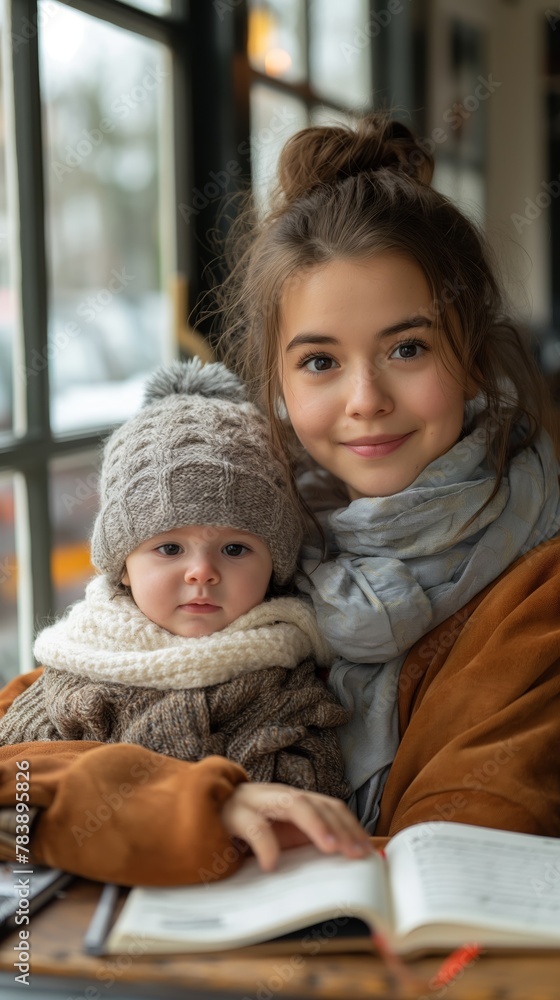 Obraz premium European mother held a six-month-old baby in one arm and on the table in a cafe created by ai