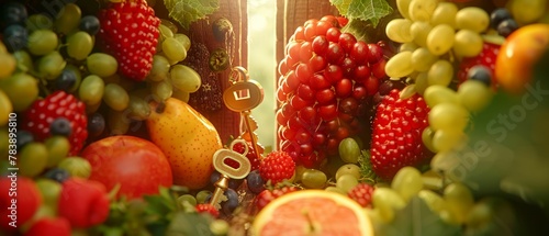 Fruits as keys to fantastical dimensions, each bite unlocking a door to a surreal and enchanting realm, brimming with untold wonders, Dolly zoom effect