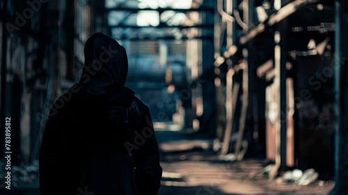 Fugitive, in ragged attire, seeking refuge in an abandoned factory among shadowy alleyways Photography, Silhouette lighting, Depth of Field Bokeh Effect, Mirror shot