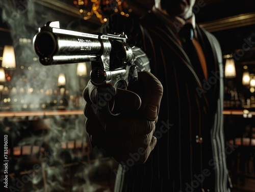 Gangster, pinstripe suit, holding a vintage revolver, in a smokefilled noir nightclub 3D Render, Silhouette lighting, Chromatic Aberration, Pointofview shot photo