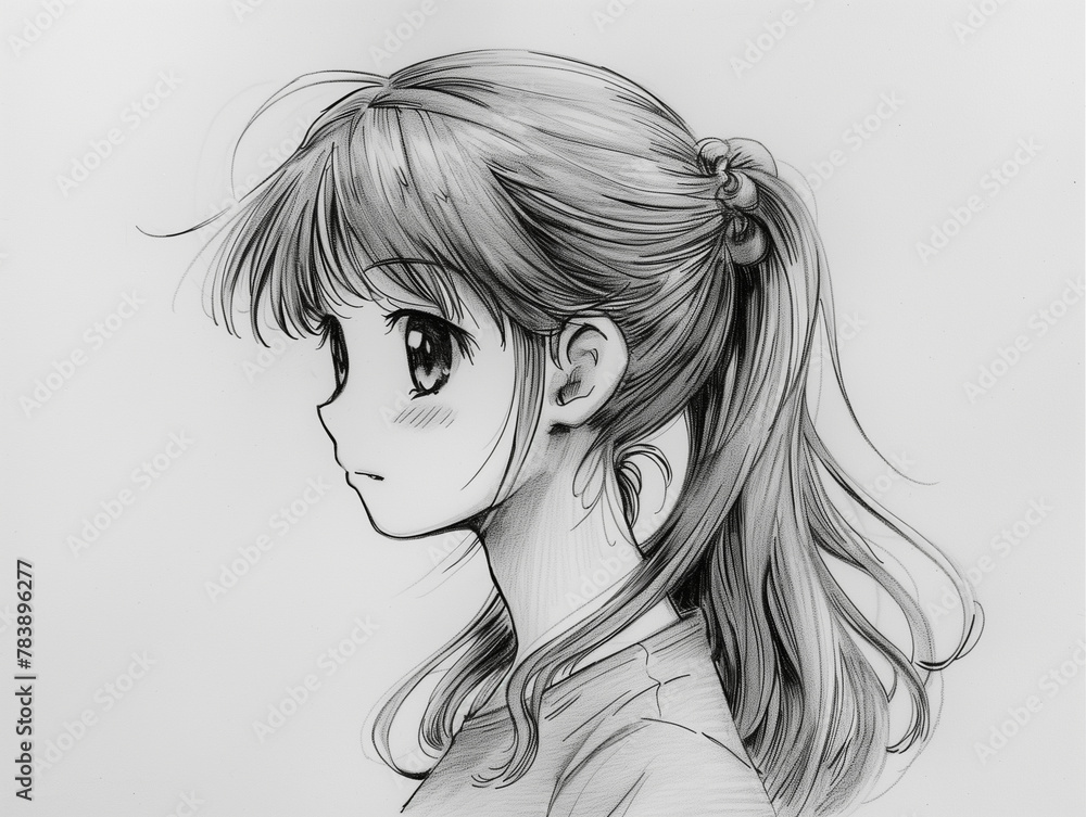 pencil sketch of a cute girl with long hair, Generative AI pencil sketch of a cute girl with long hair, Generative AI