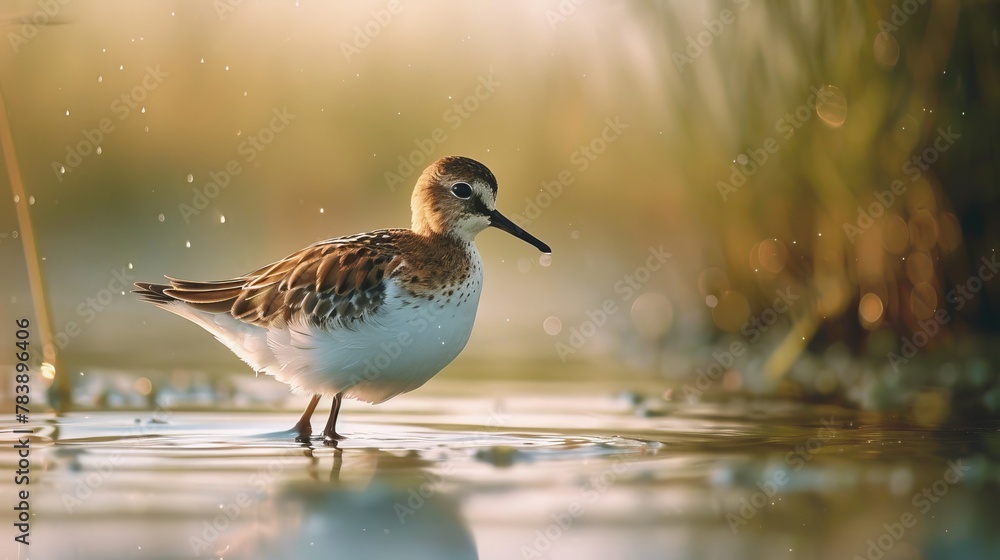 Unique Spoon-Billed Sandpiper in Shallow Water - obrazy, fototapety, plakaty 