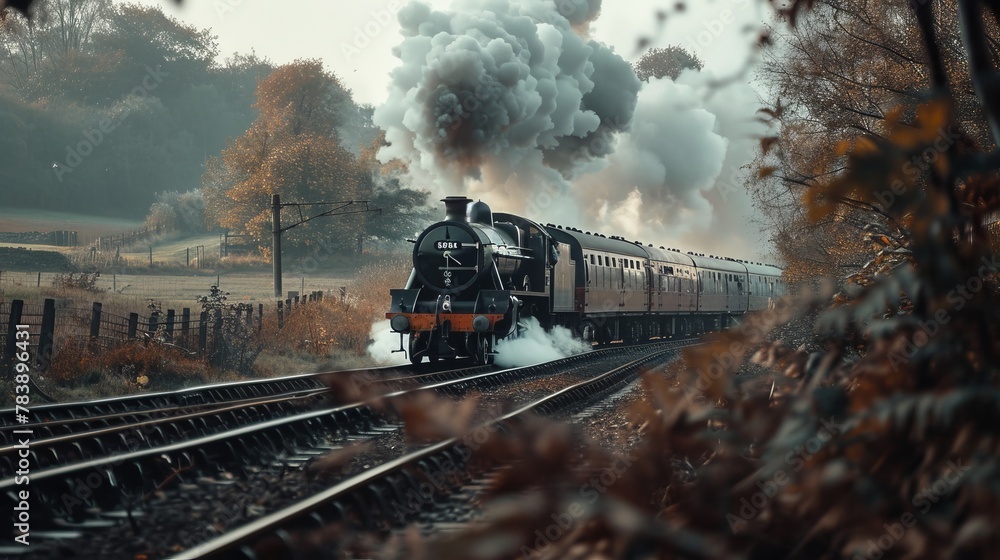 Fototapeta premium Vintage Steam Locomotive on Railway Track