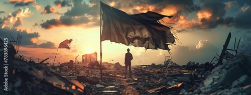 Human spirit, tattered flag, hopeful, standing tall amidst the rubble of a destroyed society, rebuilding and planting seeds of hope, realistic image, Backlights lighting photo