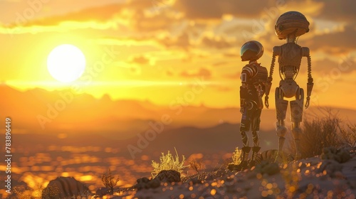 Humans, Robots, Aliens, discussing largescale geoengineering projects in the desert Realistic, golden hour, depth of field bokeh effect, Panoramic view photo