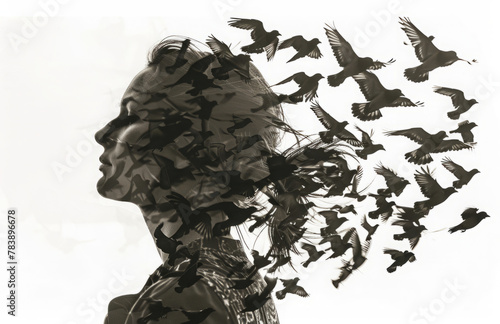 Double exposure of a woman's silhouette filled with a flock of birds in flight, their wings forming a graceful pattern, white background