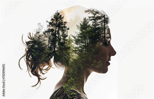 Double exposure of woman's head and forest, isolated on white background, detailed, photo stock ,