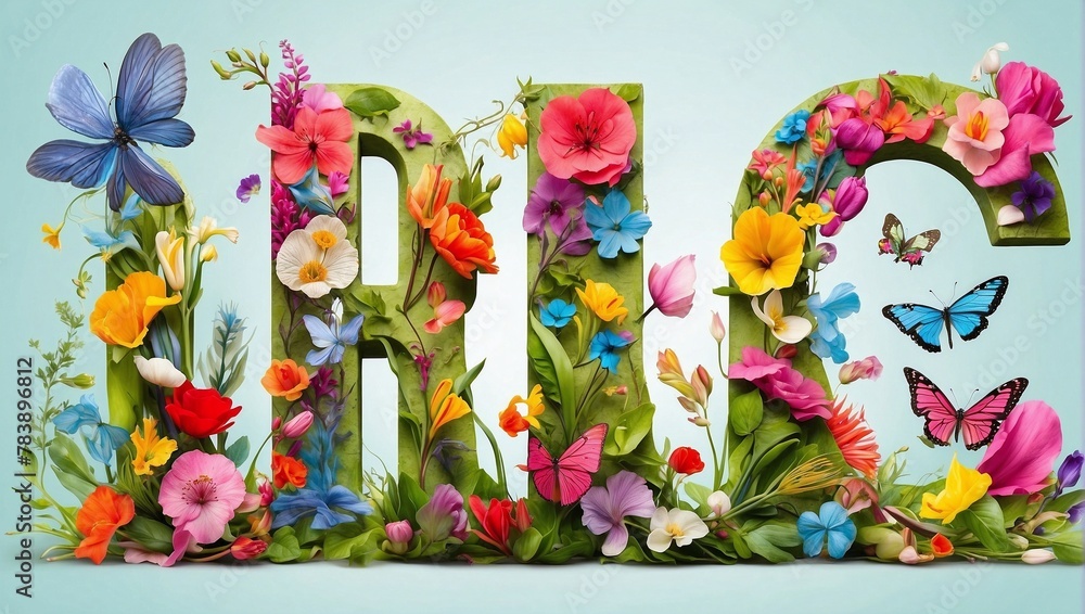 The word spring with colorful flowers