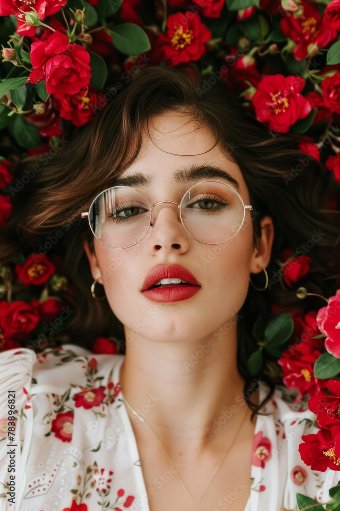 A young woman with a floral backdrop gazes upwards, her eyes slightly magnified by a pair of round glasses. Red blossoms frame her face, contrasting with her fair complexion A young woman with a floral backdrop gazes upwards, her eyes slightly magnified by a pair of round glasses. Red blossoms frame her face, contrasting with her fair complexion