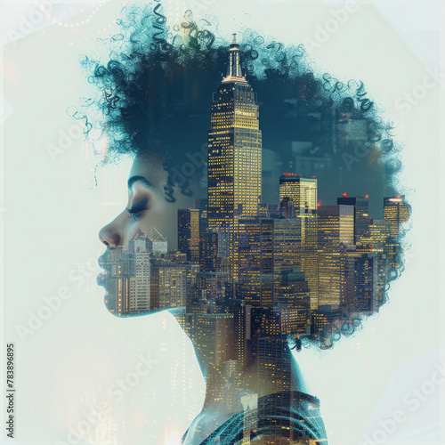 Black woman with an afro and buildings floating around her head, double exposure photography, surrealistic illustration in the style of sky blue and gray tones, high resolution photo