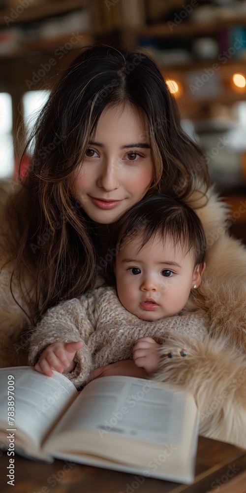 European mother held a six-month-old baby in one arm and on the table in a cafe created by ai European mother held a six-month-old baby in one arm and on the table in a cafe created by ai