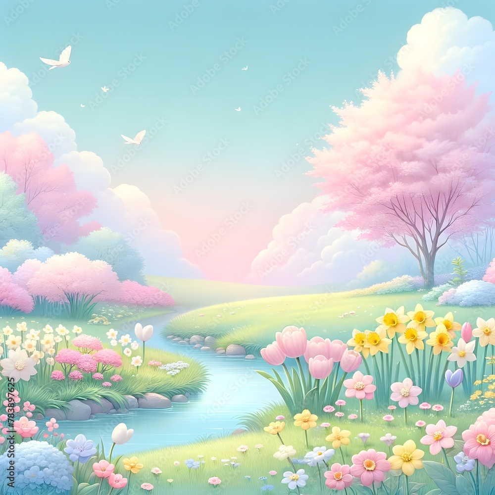A peaceful springtime scene with blooming flowers and pastel colors creating a soft, enchanting atmosphere.
