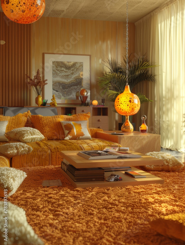 retro 1970s living room shag carpeting vintage interior design cozy ambiance.