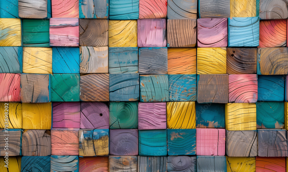 An eye-catching background made of colorful square pieces of wood.