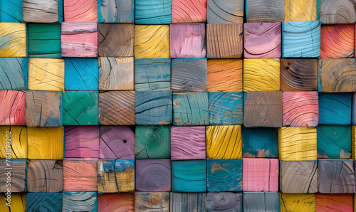 An eye-catching background made of colorful square pieces of wood.