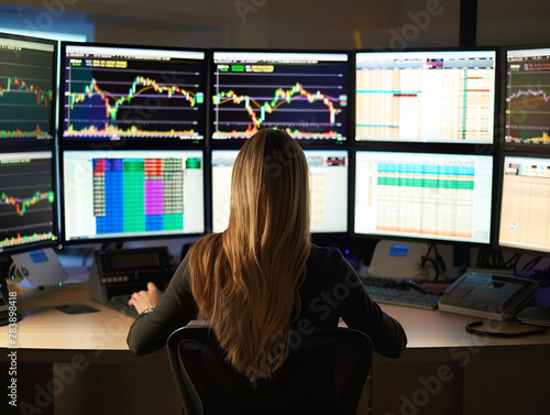 Businesswoman monitoring share prices on multiple screens