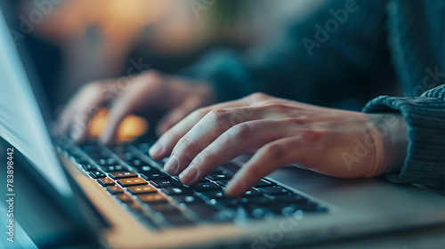 Man working on laptop in dark room at night. Close up of male hands typing on keyboard.