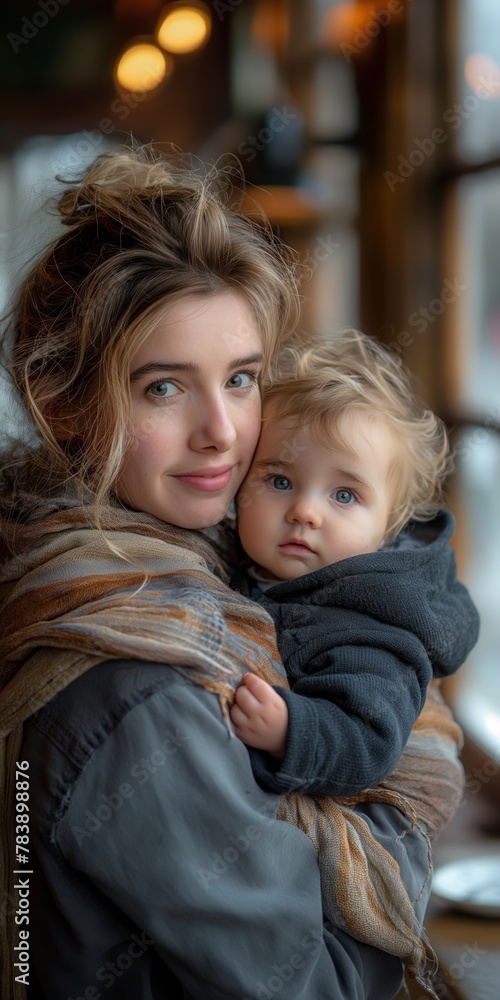 European mother held a six-month-old baby in one arm and on the table in a cafe created by ai European mother held a six-month-old baby in one arm and on the table in a cafe created by ai