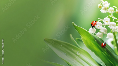 Banner photo of lily of the valley with a ladybug, copy space