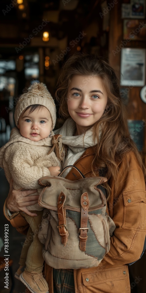 European mother held a six-month-old baby in one arm and on the table in a cafe created by ai European mother held a six-month-old baby in one arm and on the table in a cafe created by ai