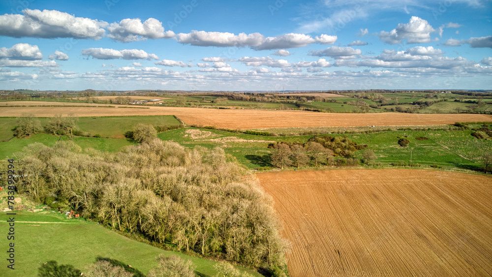 Aerial view HDR over fields and meadows in rural England on a Spring day.