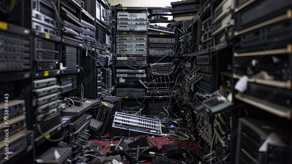 Chaotic pile of electronic equipment and cables - An overwhelming clutter of electronic devices and tangled cables depicting e-waste and technology overload